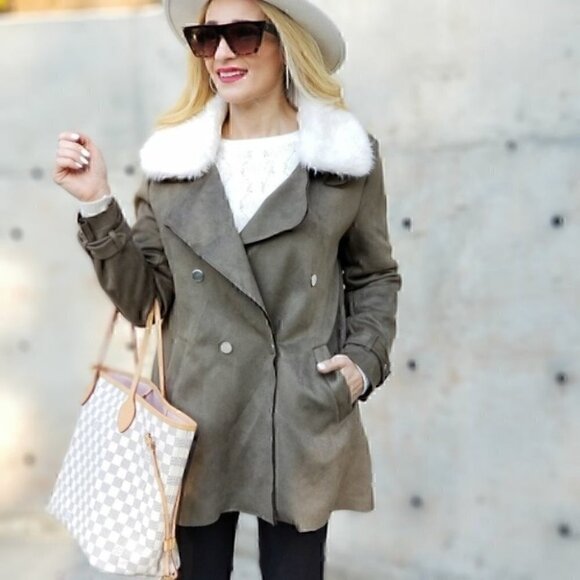 Olive Suede Mini Trench Coat - Picture 1 of 4
